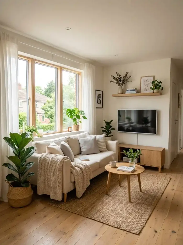 3. Sofa Under The Window With A Floating TV Wall