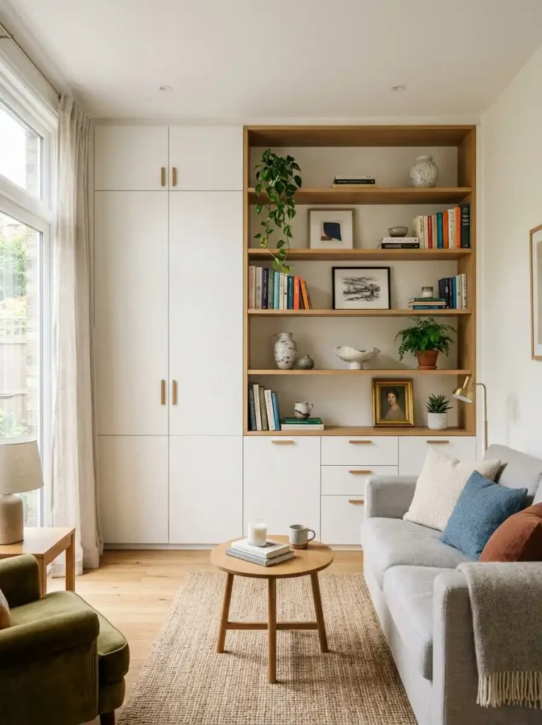 3. Turn one wall into a built-in storage moment