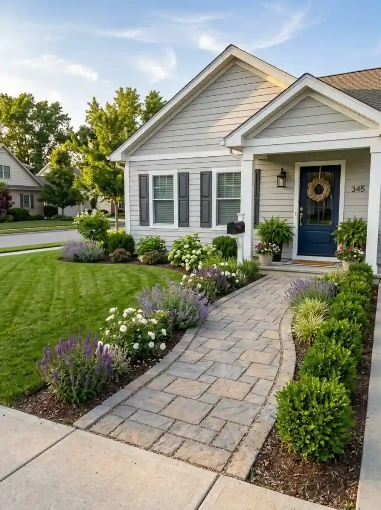 3. Use a curved walkway to soften a boxy front yard