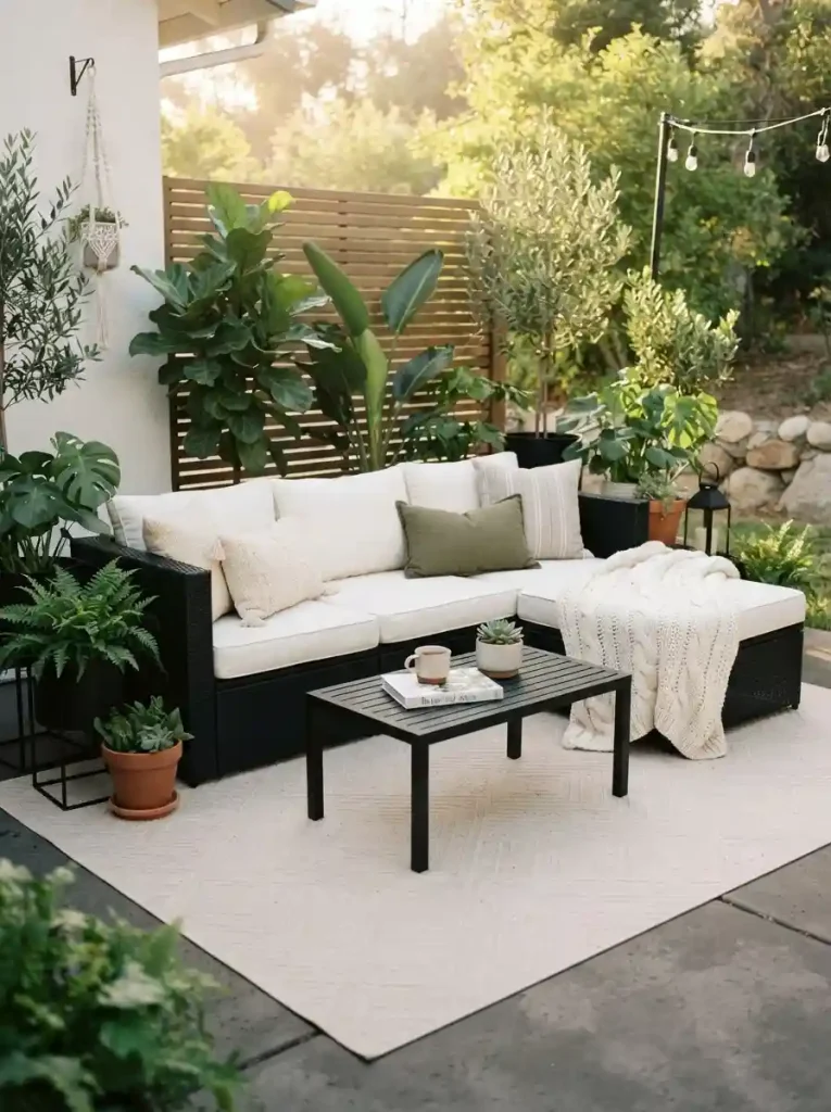 4. Black Outdoor Sofa With White Cushions