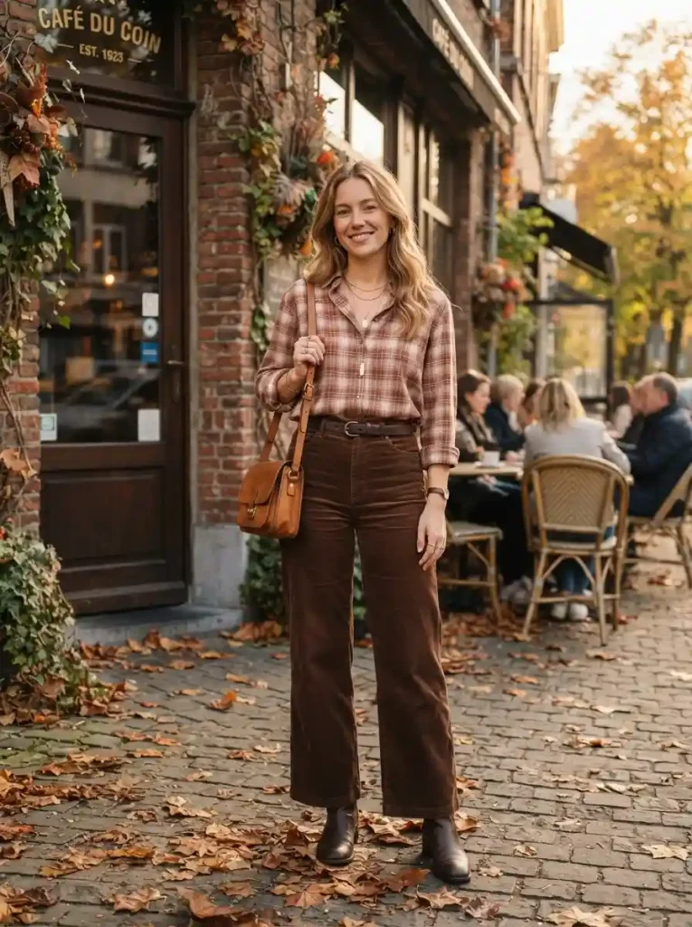 4. Brown Corduroy Wide-Leg Trousers With Plaid Blouse