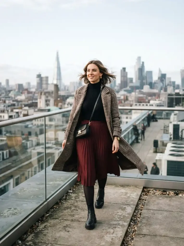 4. Burgundy Pleated Skirt with a Long Checked Coat