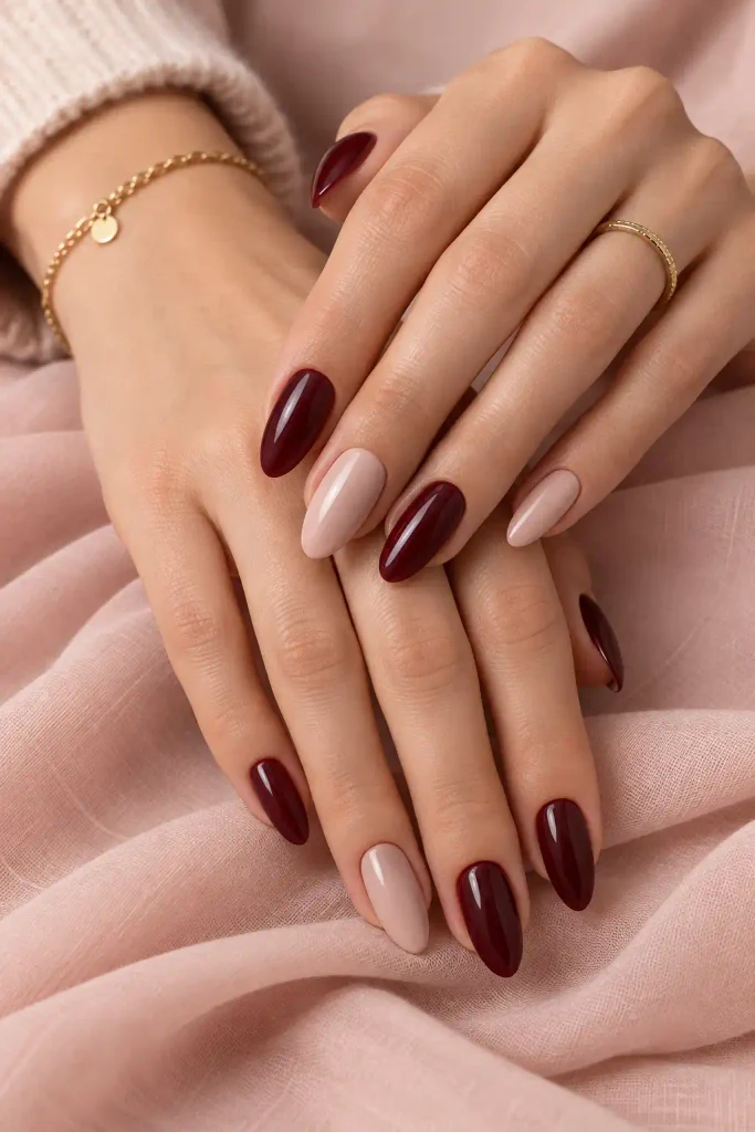 4. Burgundy and Nude Contrast