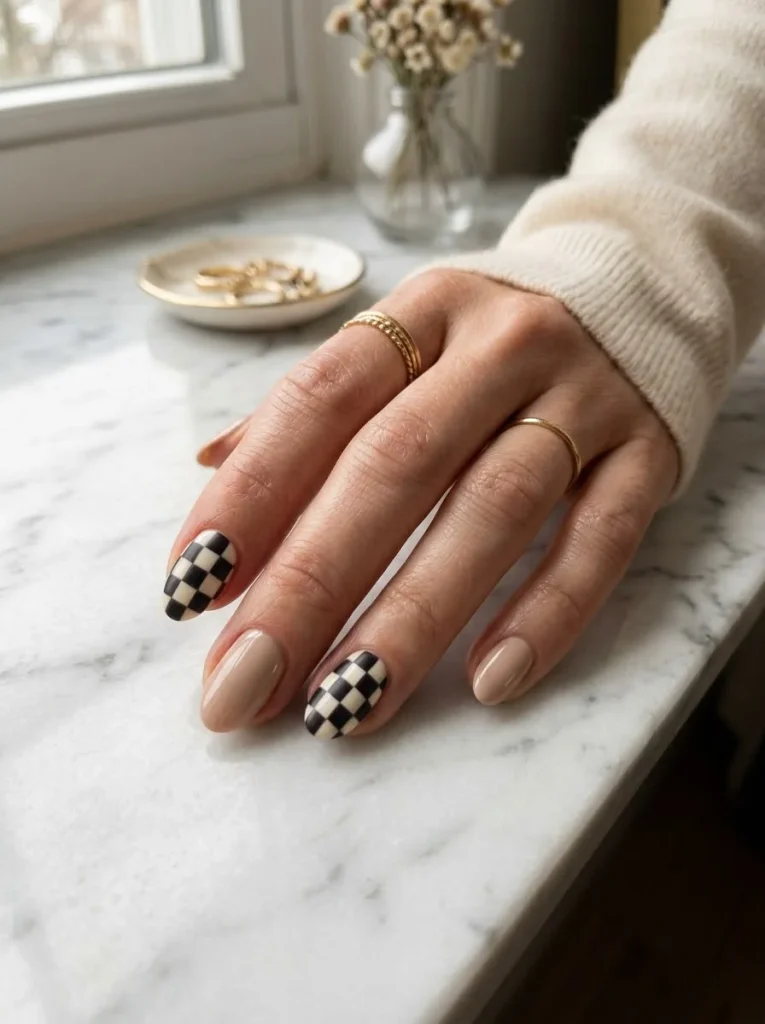 4. Checkerboard Accent Nails