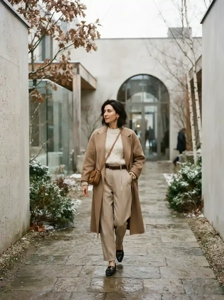 4. Cream Knit and Pleated Trousers