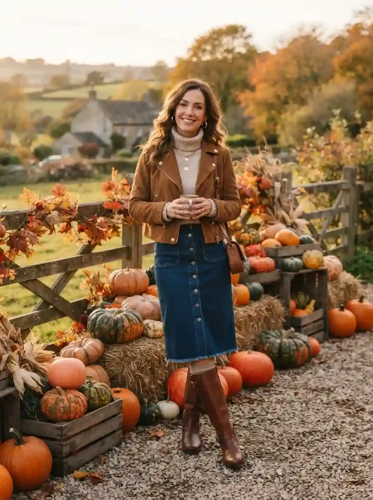 4. Denim Midi Skirt With a Suede Jacket