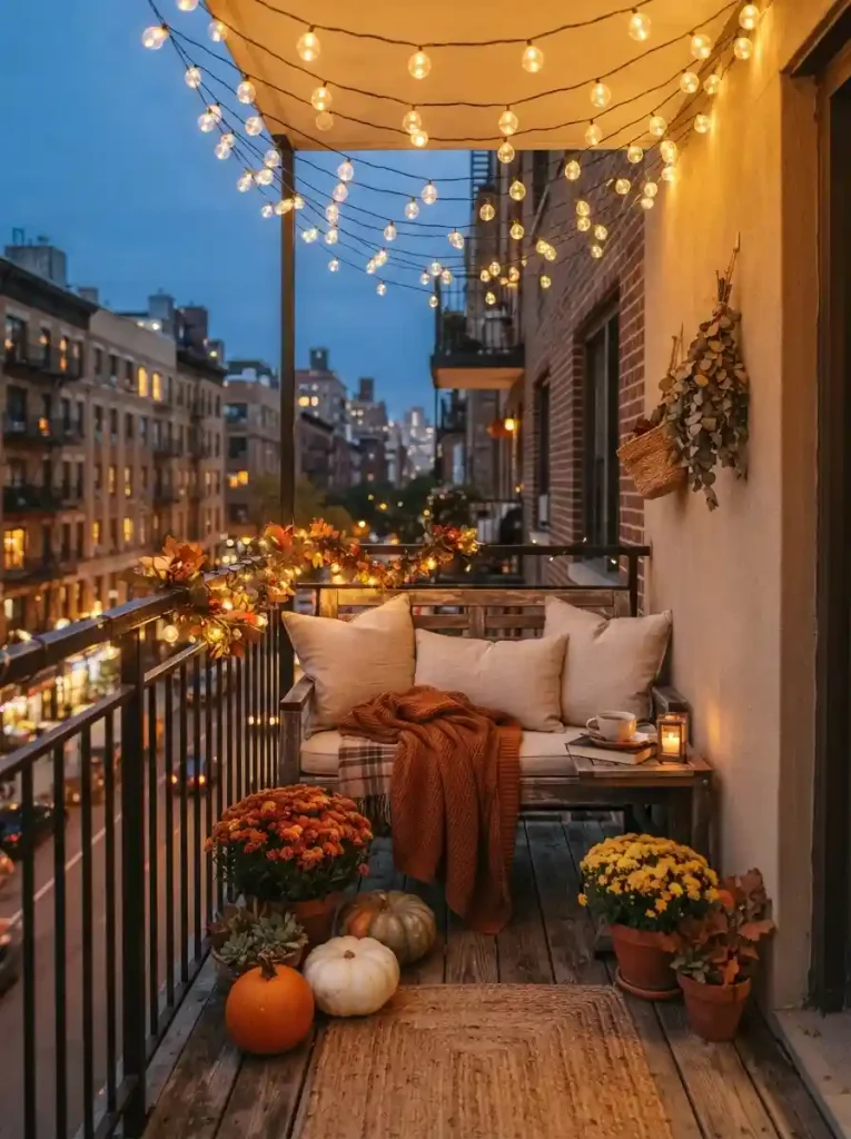 4. Golden String Light Balcony Canopy