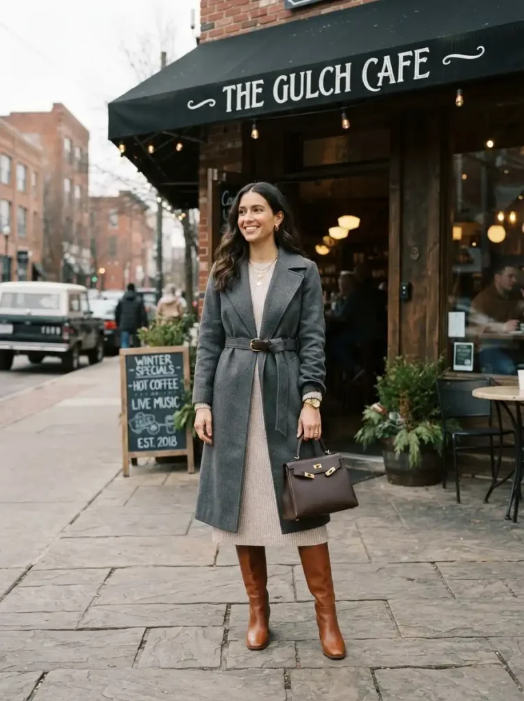 4. Knit Midi Dress, Belted Coat, and Knee-High Boots