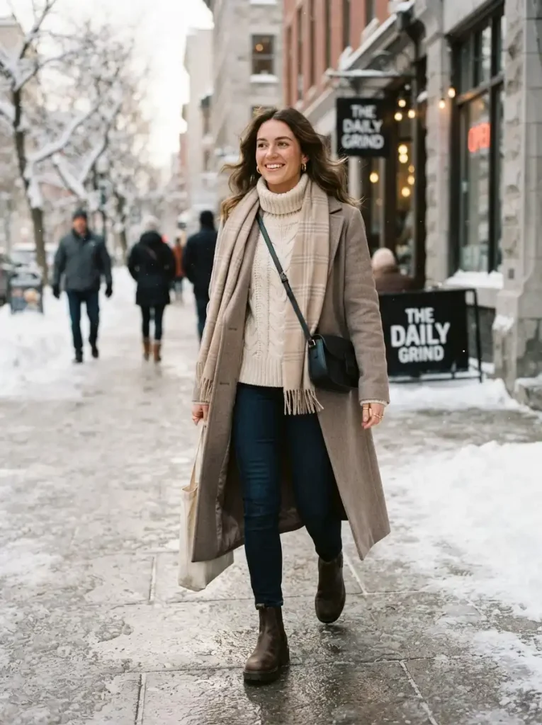 4. Long Coat With a Chunky Knit Sweater