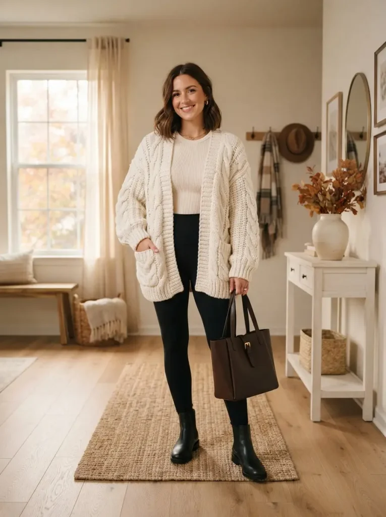 4. Oversized White Cardigan With Leggings