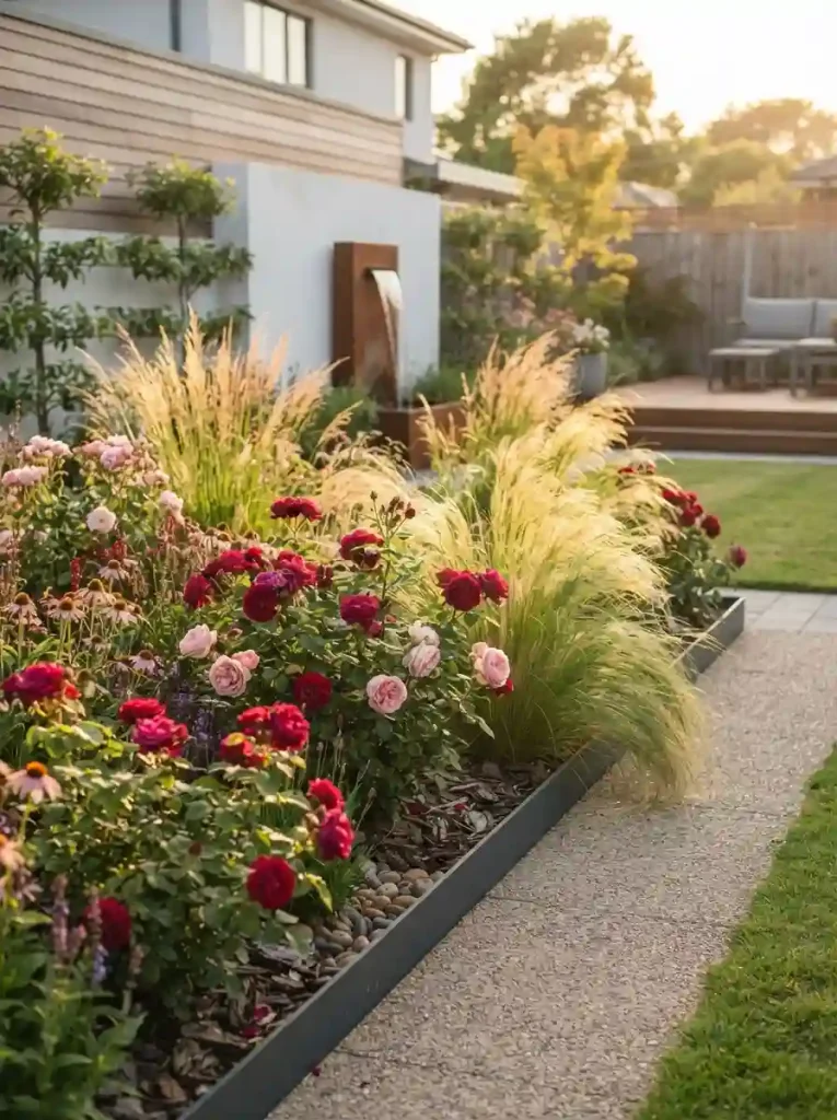 4. Pair roses with ornamental grasses for modern texture