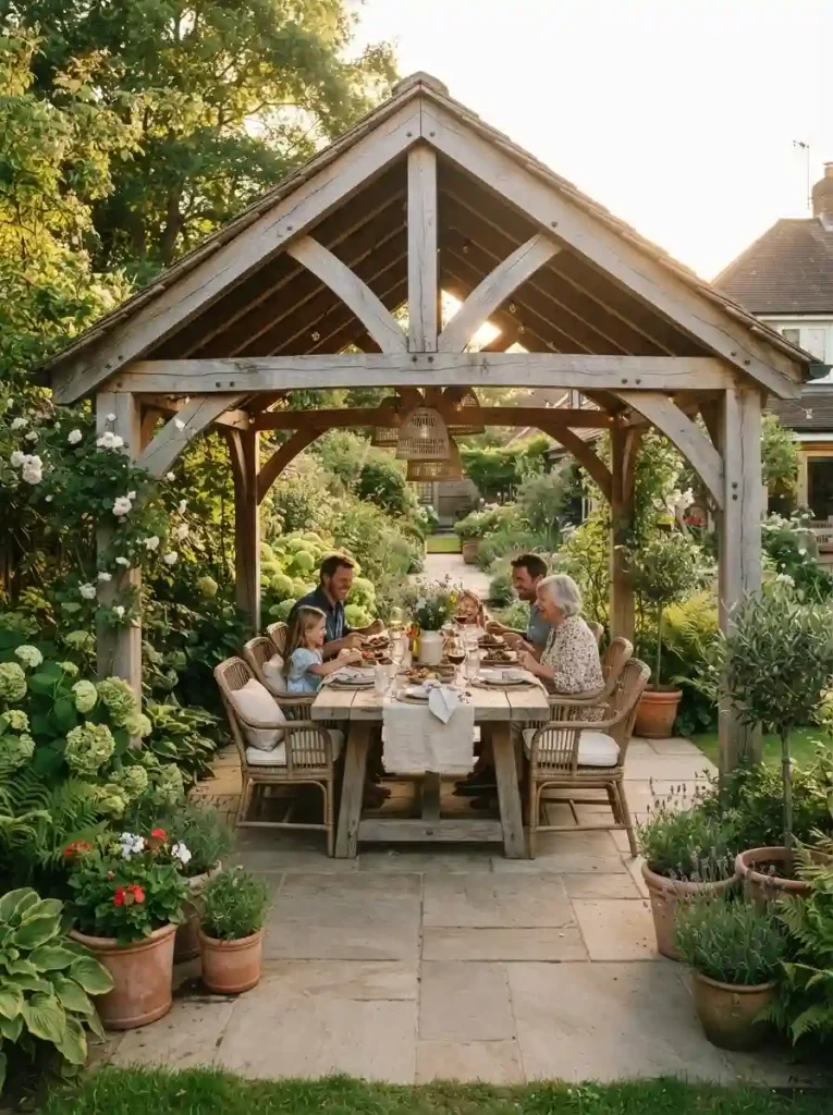 4. Pergola Dining Area With a Pitched Roof