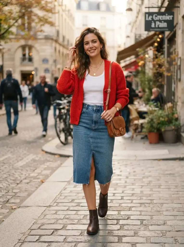 4. Red Cardigan With a Denim Skirt