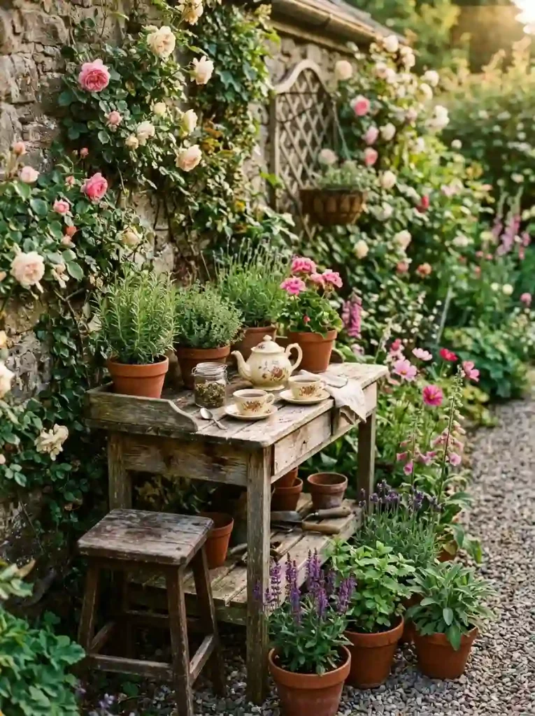4. Repurposed potting bench turned tea corner