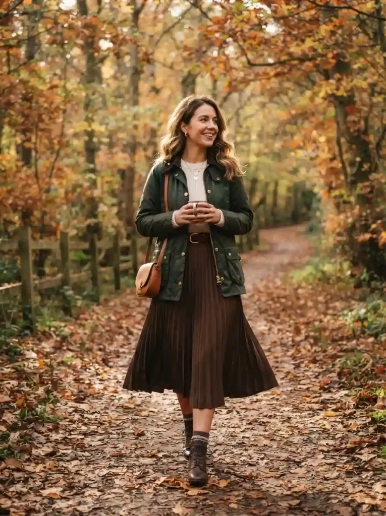5. Barn Jacket With a Pleated Midi Skirt