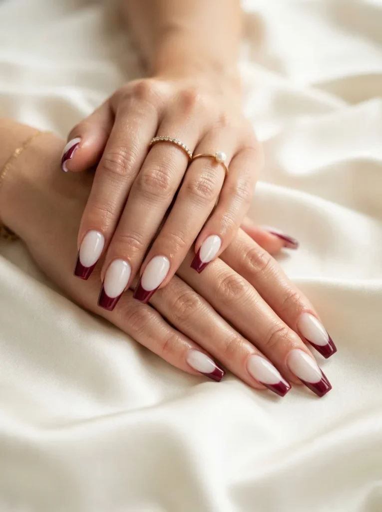 5. Burgundy French Tips on Coffin Nails