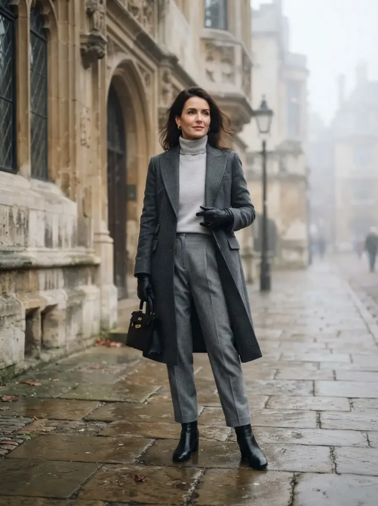 5. Charcoal Coat and Soft Grey Layers