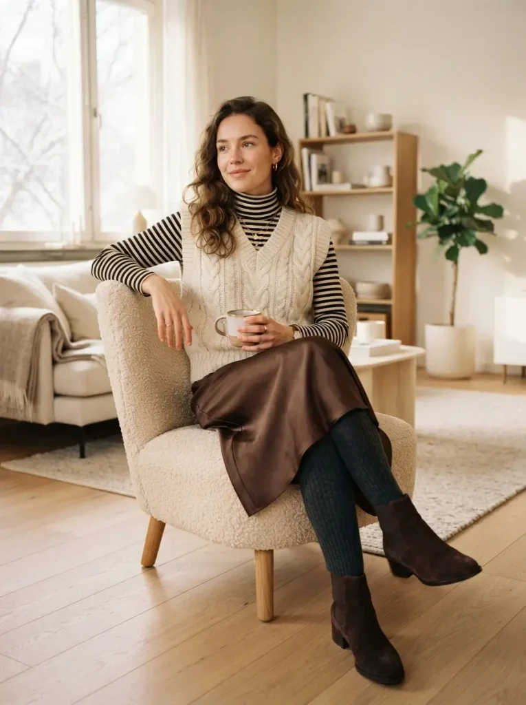 5. Chocolate Satin Midi Skirt with a Cream Knit Vest