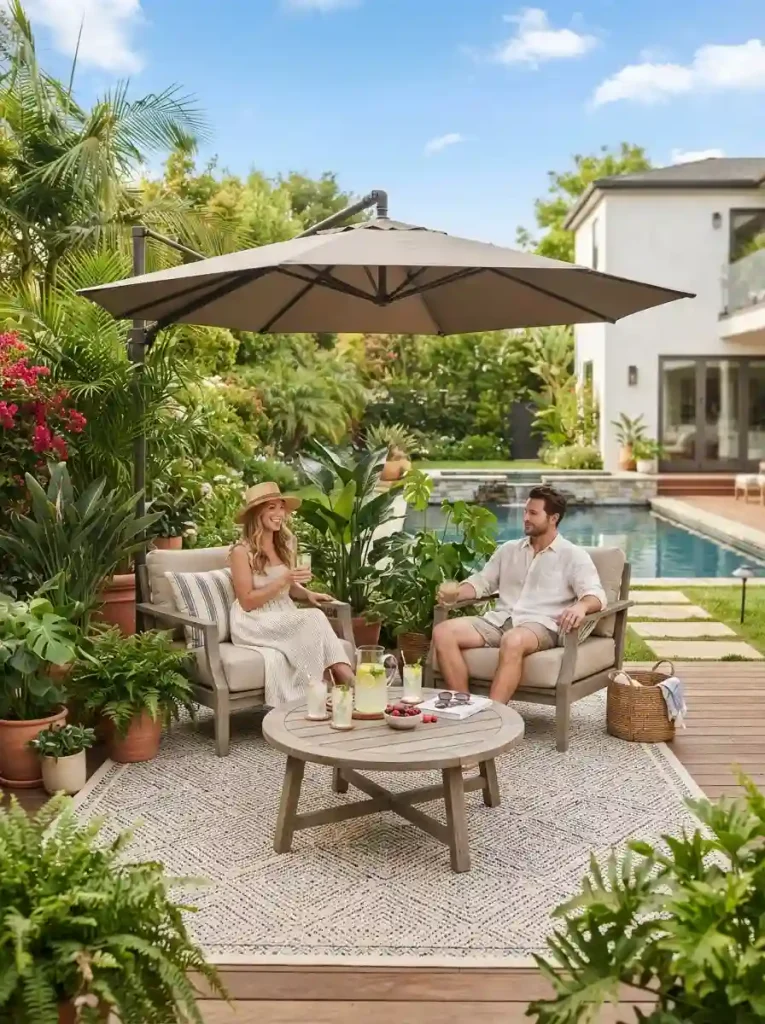 5. Create a shaded lounge with a large outdoor umbrella