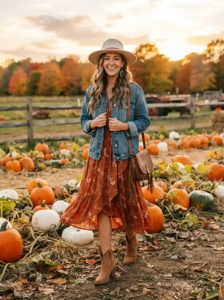 5. Denim Jacket Over a Burnt Orange Midi Dress