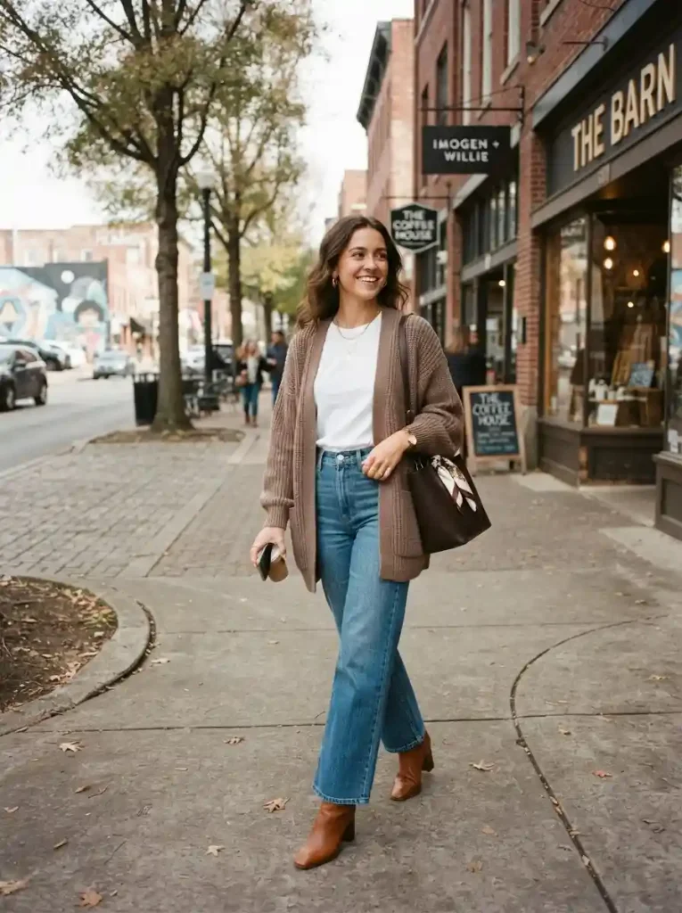 5. Oversized Cardigan, White Tee, Wide-Leg Jeans, and Ankle Boots