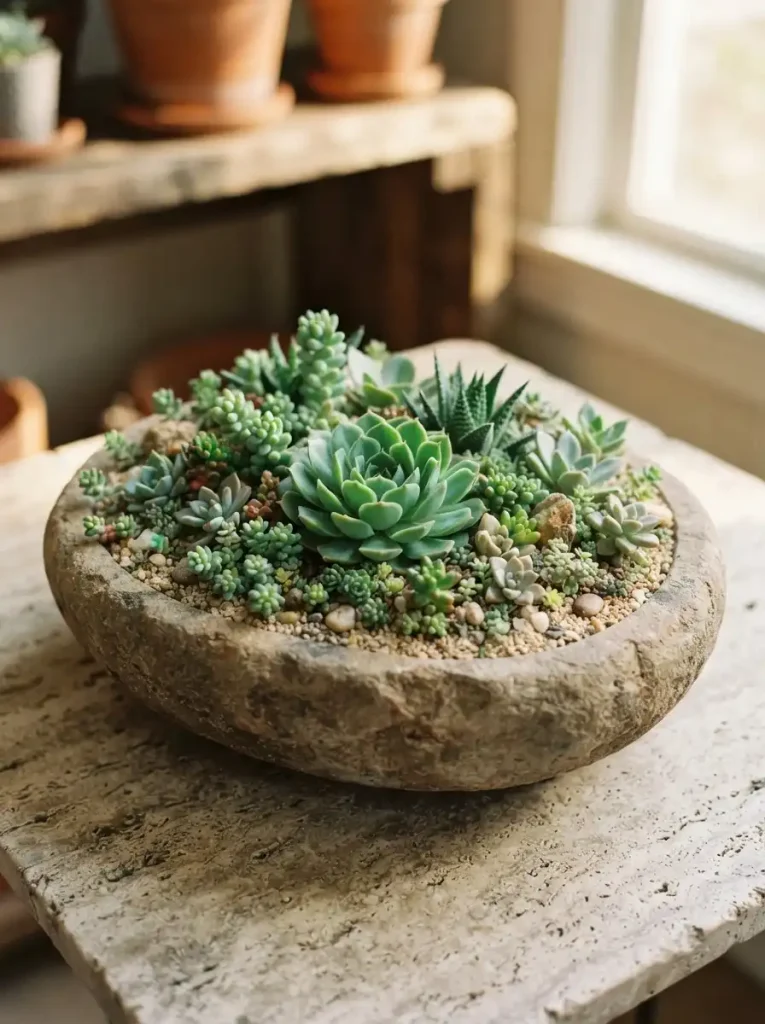5. Succulent Arrangement Inside a Stone Bowl