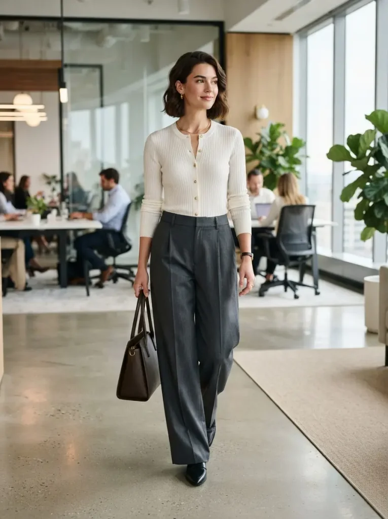 5. White Cardigan With Tailored Wide-Leg Trousers