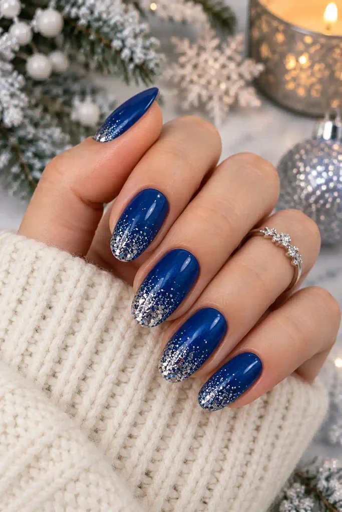 6. Blue and Silver Glitter Nails