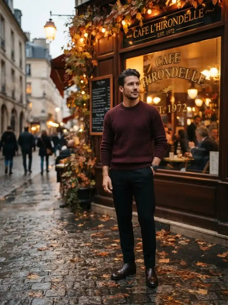 6. Burgundy Sweater and Black Trousers