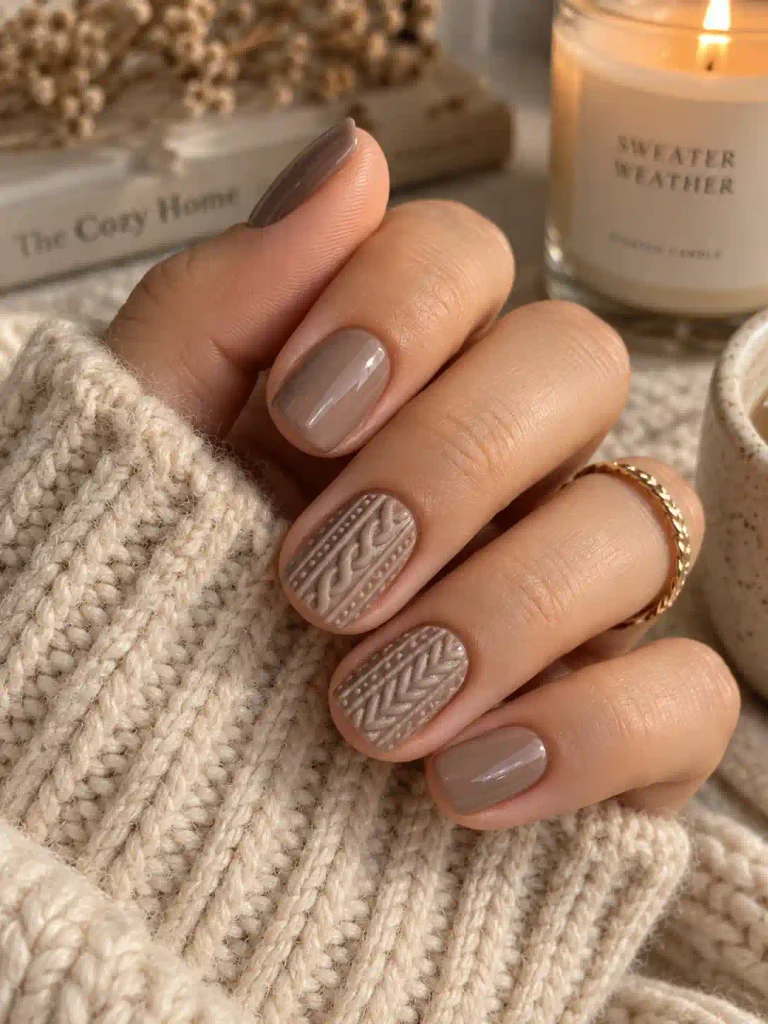 6. Cozy Taupe Sweater Nails