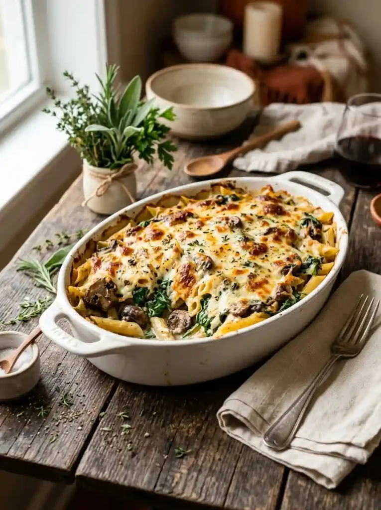 6. Creamy Mushroom Spinach Pasta Bake