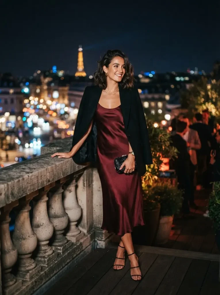 6. Deep Merlot Slip, Structured Blazer