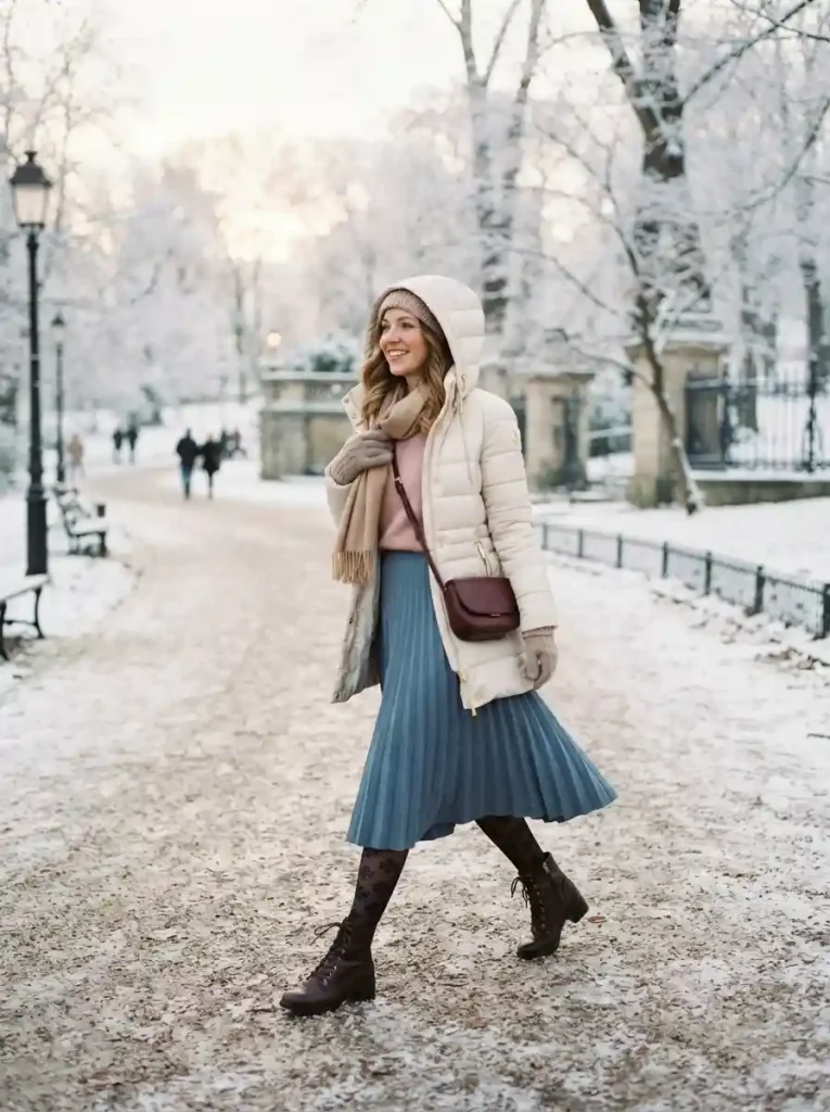 6. Dusty-Blue Wool Skirt with a Blush Sweater