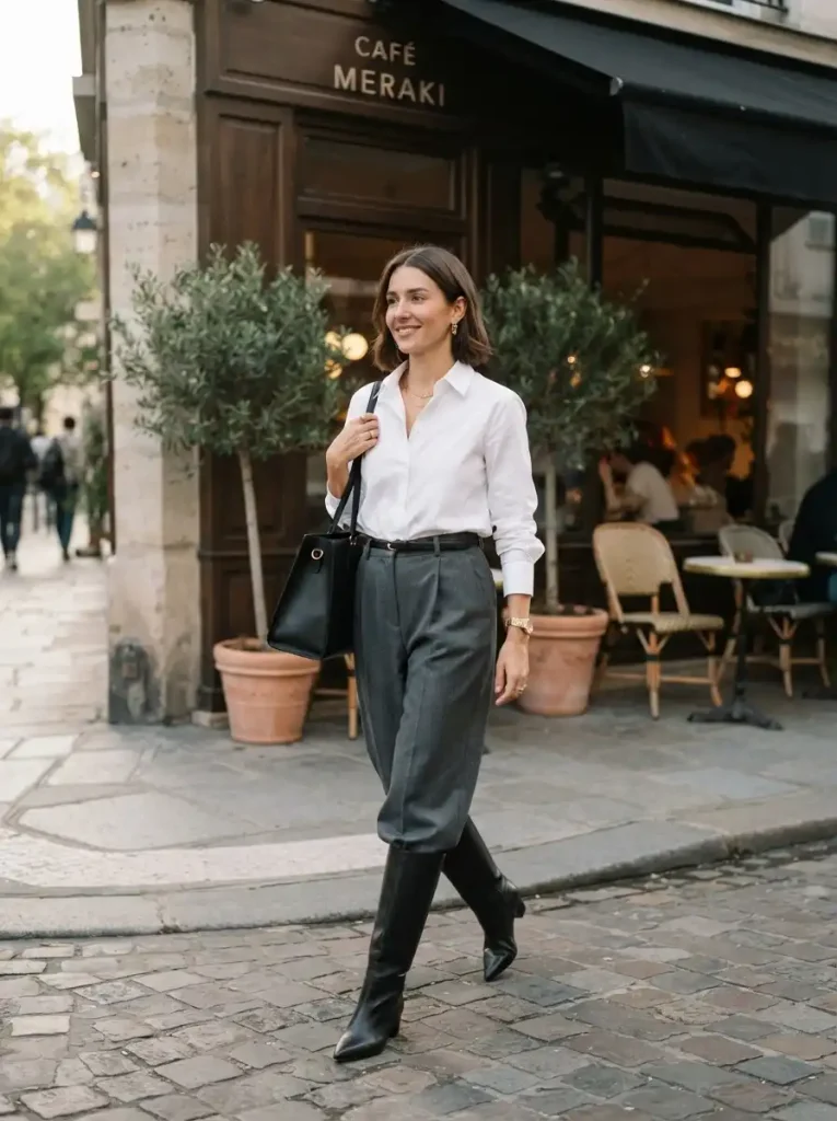6. Knee High Boots With Wide Leg Trousers