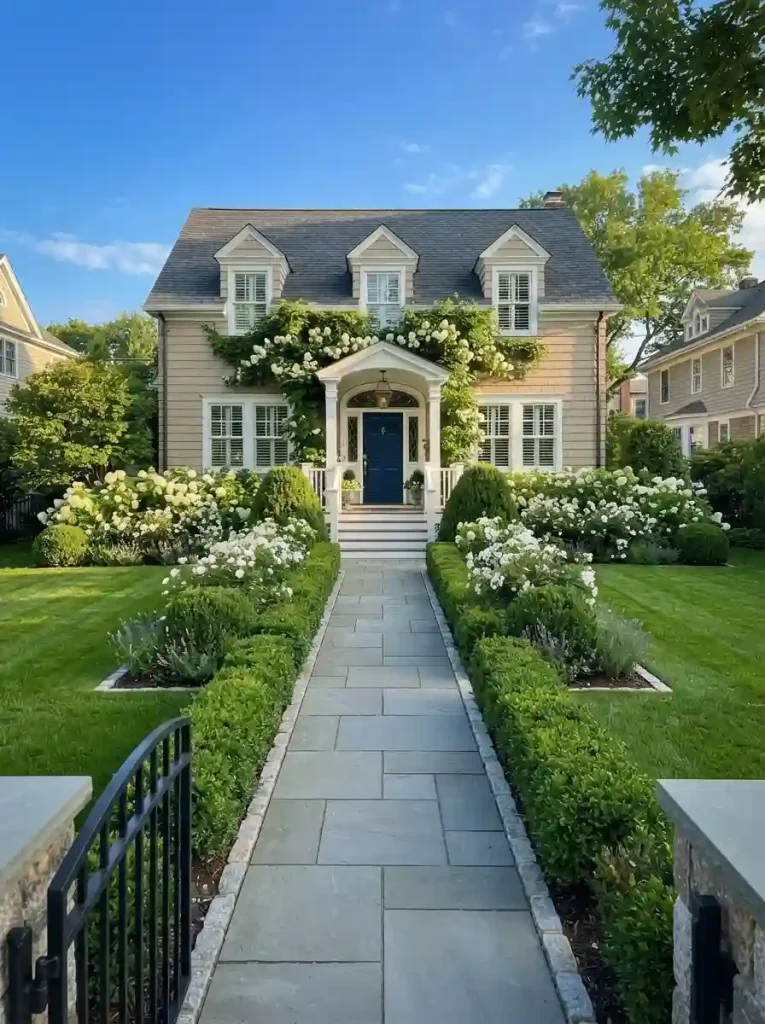 6. Line the Entry With Elegant Evergreen Shrubs
