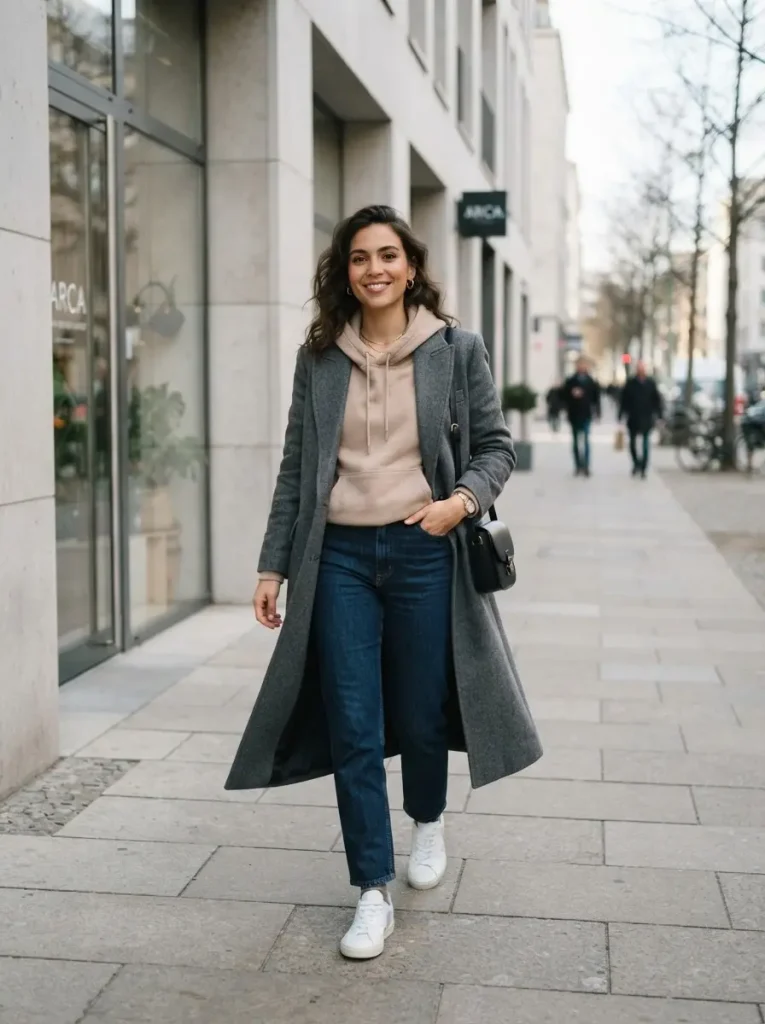 6. Long Coat With a Hoodie and Sneakers