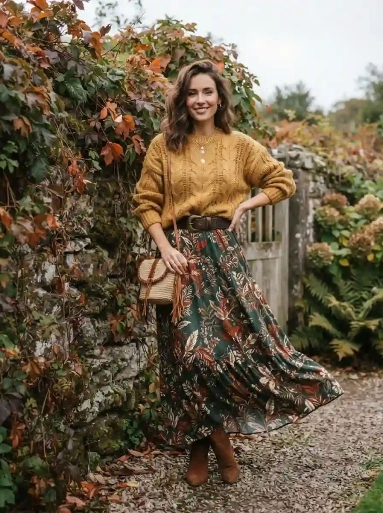 6. Mustard Oversized Sweater With Printed Maxi Skirt