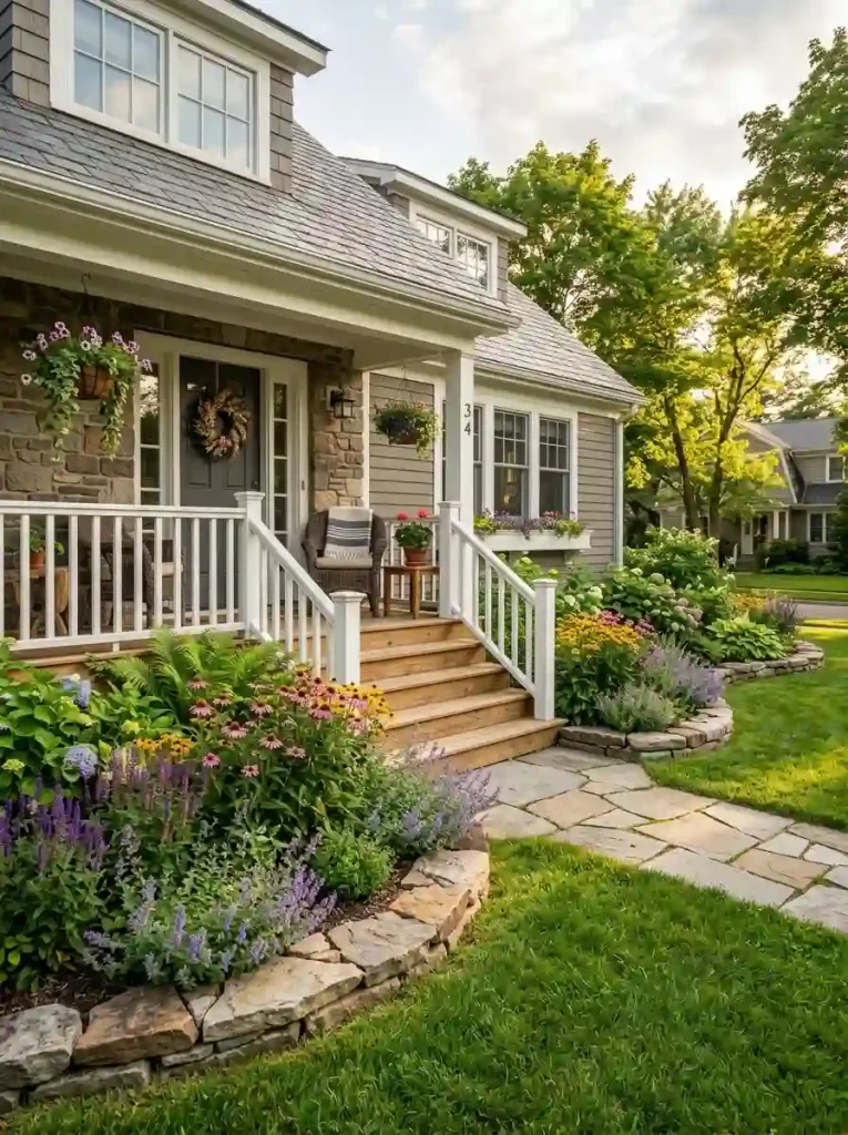 6. Outline a Porch Flower Bed With Natural Stones