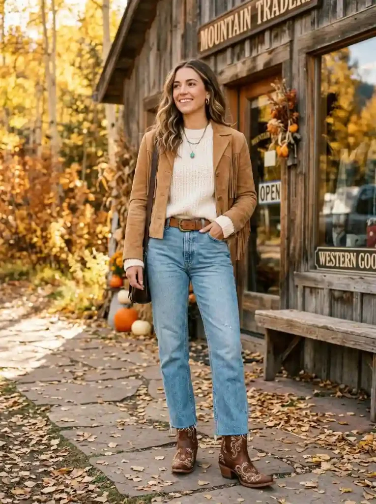 6. Relaxed Blue Jeans with Western Ankle Boots