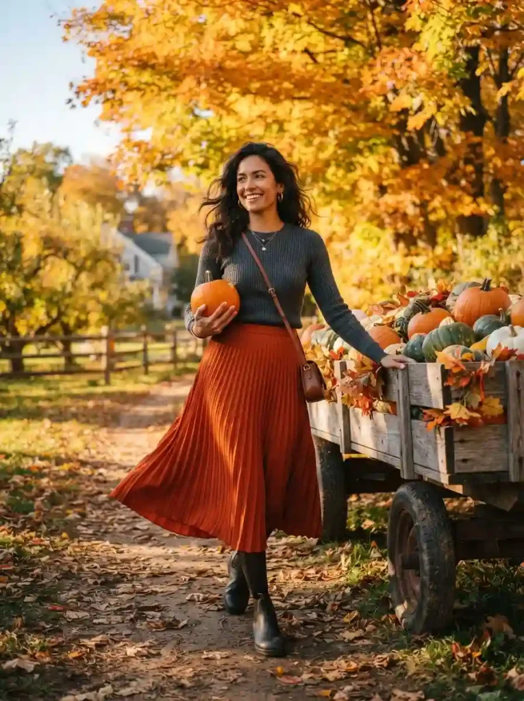 6. Rust Pleated Skirt With a Charcoal Sweater
