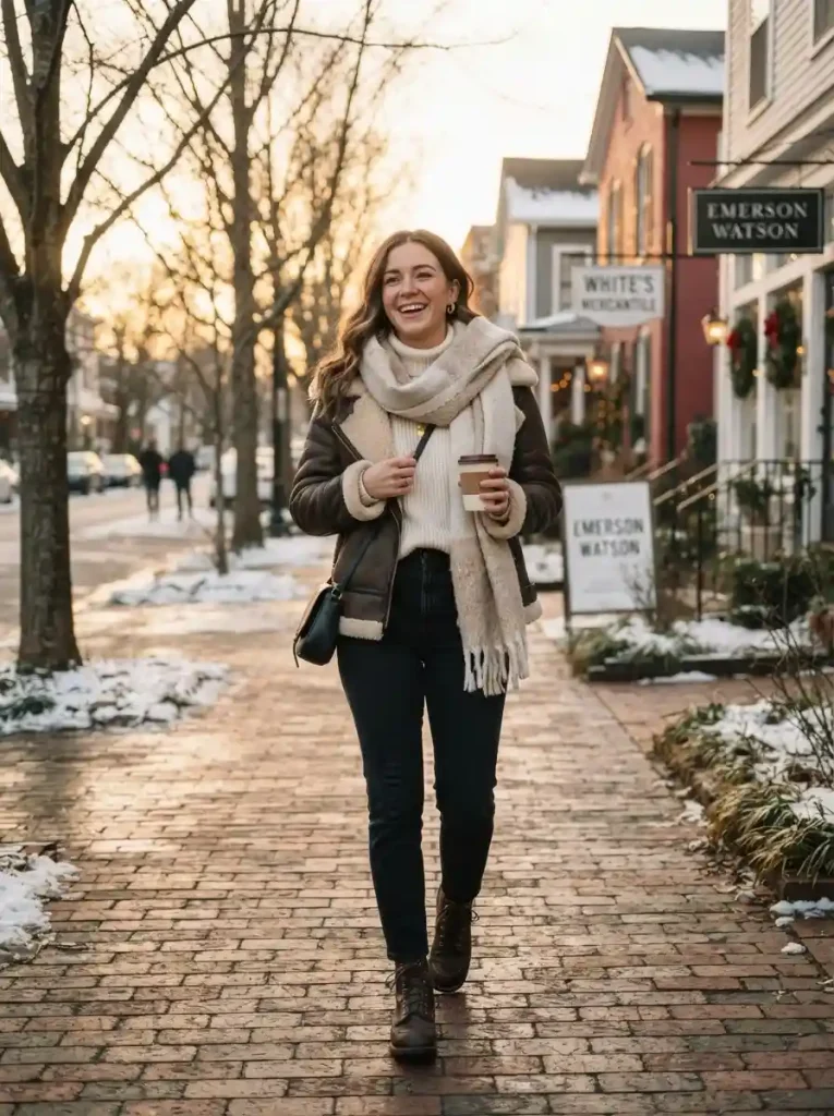 6. Shearling Jacket, Ribbed Sweater, and Dark Jeans