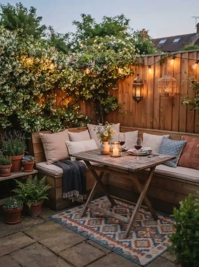 6. Tiny outdoor dining nook with lantern lighting