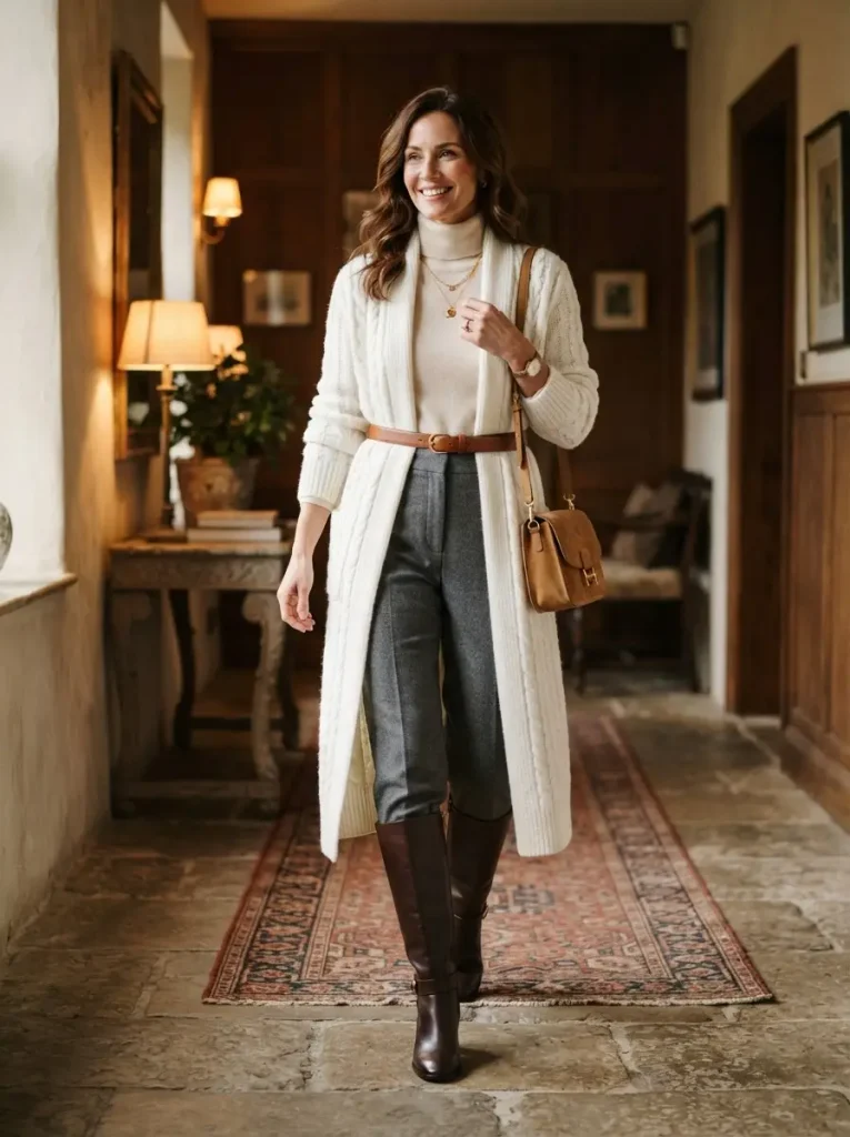 7. Belted White Cardigan for a Defined Waist
