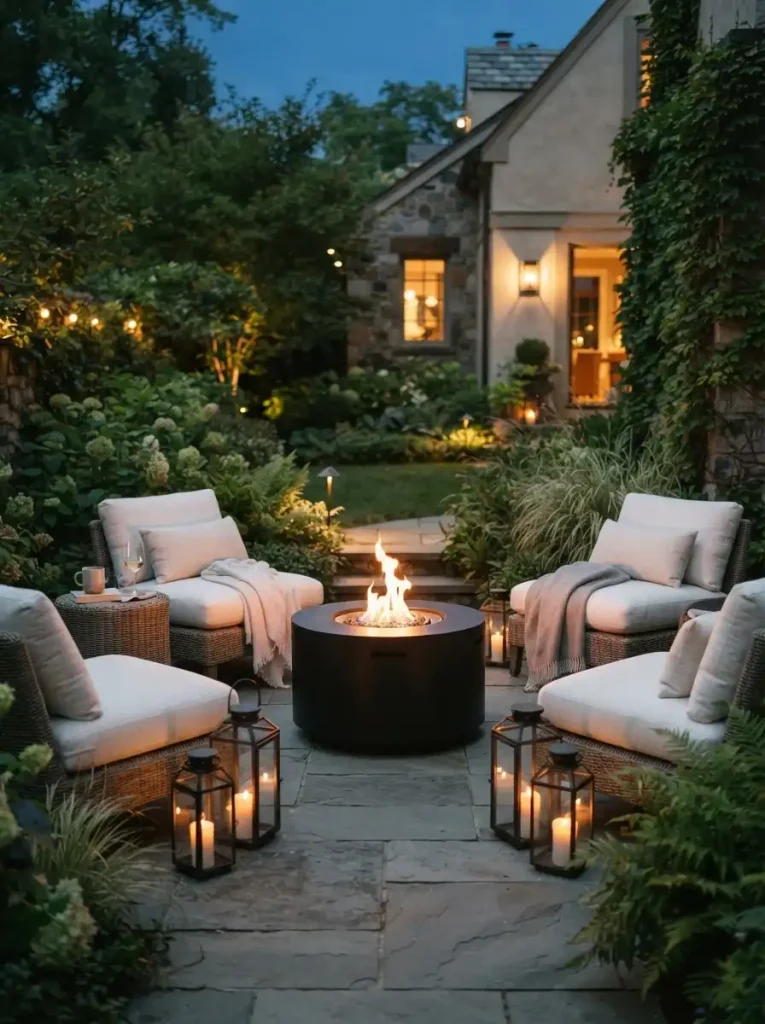 7. Black Fire Pit With White Seating