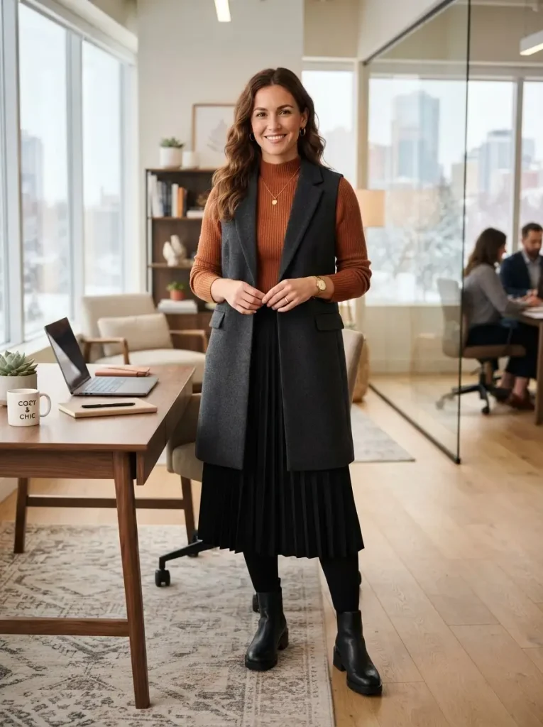 7. Black Pleated Skirt with a Rust Mock-Neck Sweater