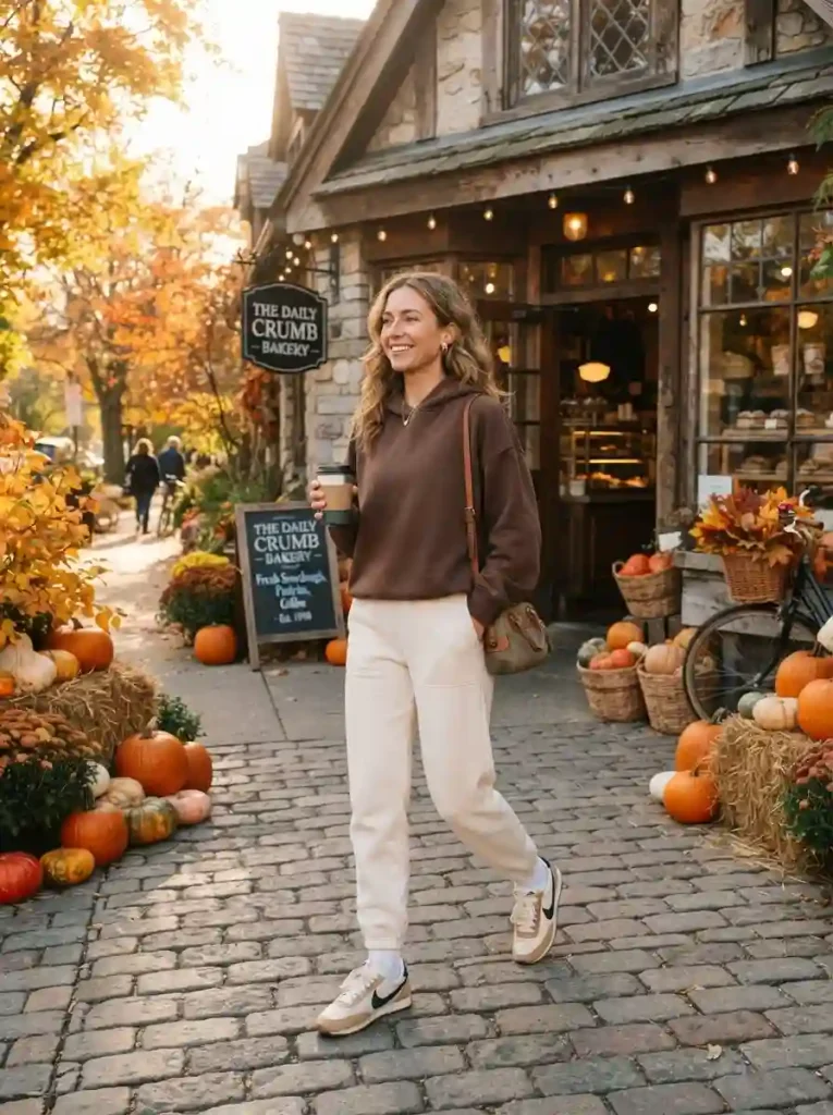 7. Brown Hoodie with Cream Track Pants