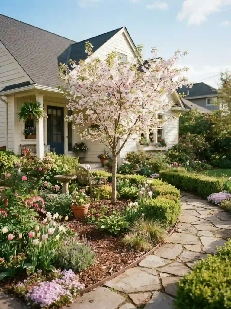 7. Build a Welcoming Front Garden Around a Small Tree