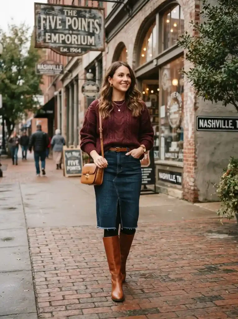 7. Burgundy Sweater, Denim Skirt, Tights, and Tall Boots