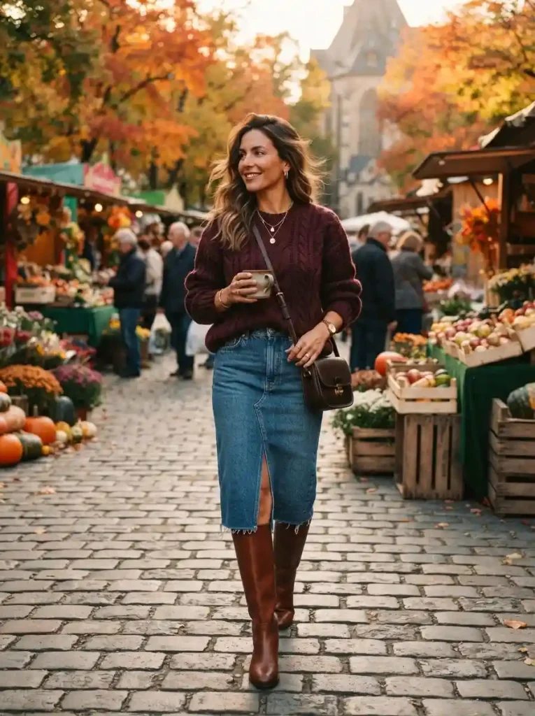 7. Burgundy Sweater with Denim Skirt