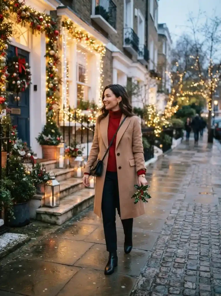 7. Camel Coat and Red Knit